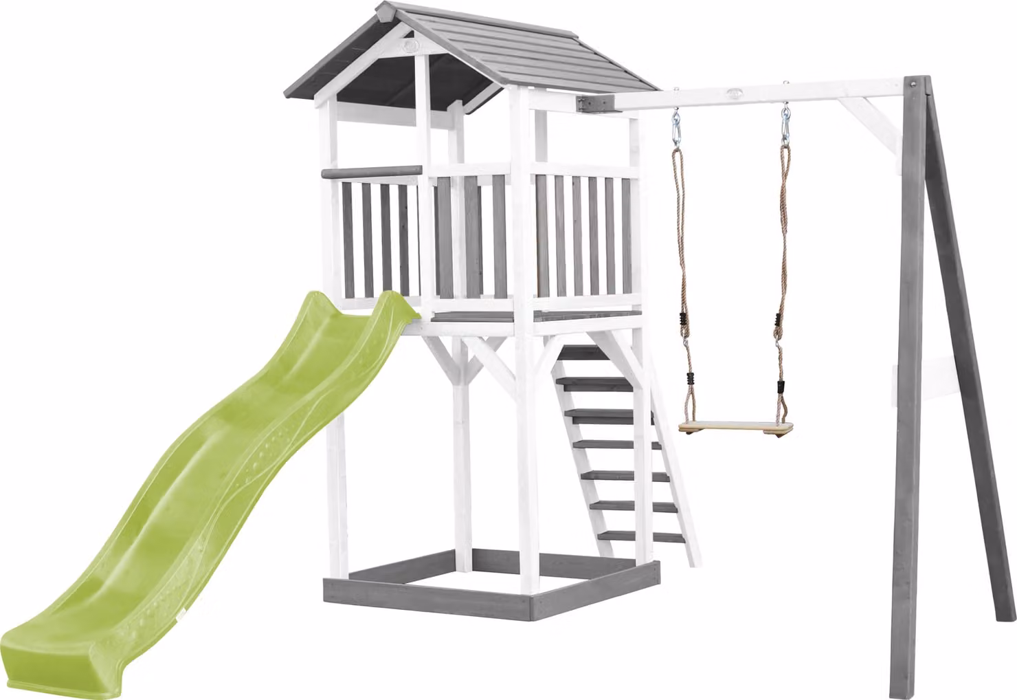 AXI Beach Tower parco giochi in legno in grigio e bianco | Torre di gioco per bambini con sabbiera, altalena e scivolo verde lime | Casa per bambini su palafitte per il giardino