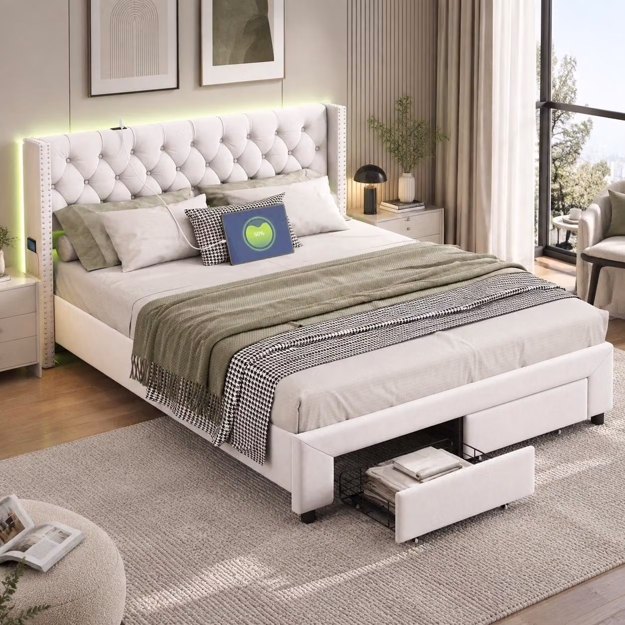 Letto imbottito INONEFT, 160x200 cm, con 2 cassetti, letto per ragazzi con illuminazione LED, testiera con 2 tasche laterali e funzione di ricarica USB, in velluto, color beige