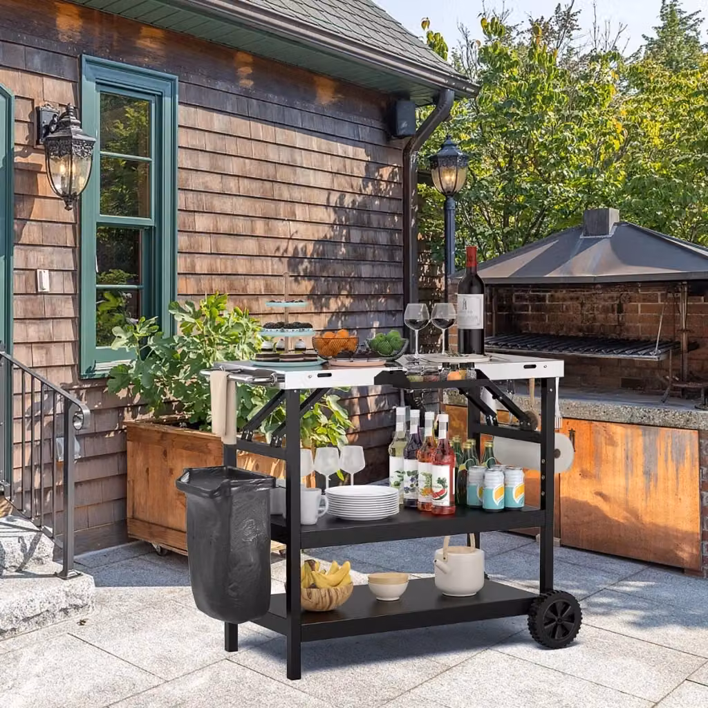 Carrello barbecue in metallo e acciaio inox nero con 3 ripiani, supporto reggi cellulare, portaspezie e portasciugamani, H: 91 cm, L: 45 cm – 2