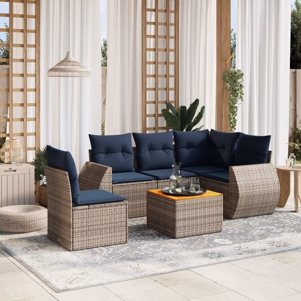 Set di divani da giardino vidaXL in 6 pezzi con tavolino e cuscini in polyrattan grigio e blu con struttura in metallo e legno di acacia