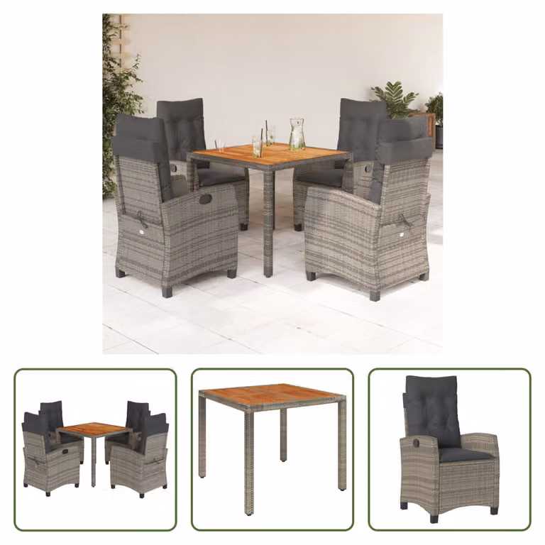 The Living Store Set da pranzo da giardino 5 pezzi con cuscini in poly rattan grigio
