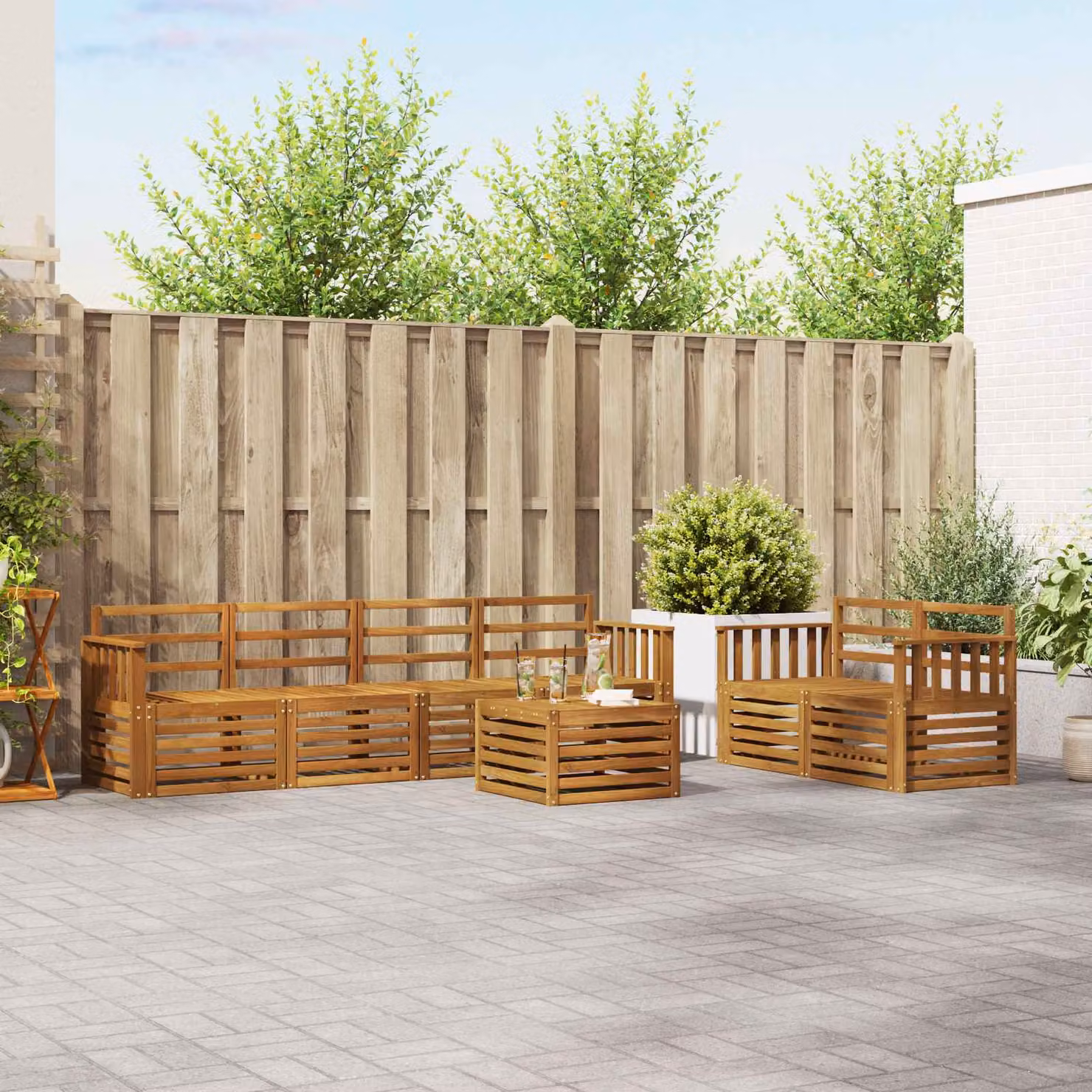 Set di divani da esterno vidaXL a forma di U composto da 7 pezzi in legno di acacia massello marrone con cuscini inclusi per giardino e terrazza