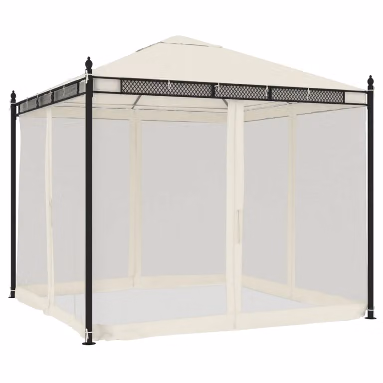 Gazebo con Pareti in Rete Crema 2,93x2,93 m in Acciaio