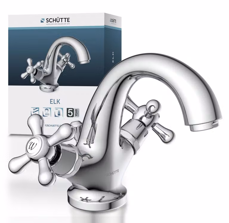 Miscelatore per lavabo SCHÜTTE ELK con tirante, rubinetto da bagno con scarico a scomparsa per lavabo, cromo