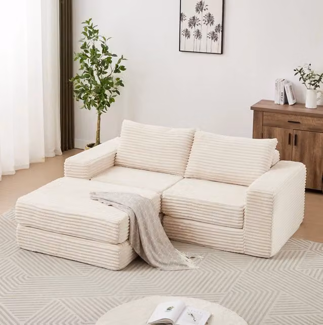 Divano letto modulare in velluto a coste beige con poggiapiedi removibile HOMVRA