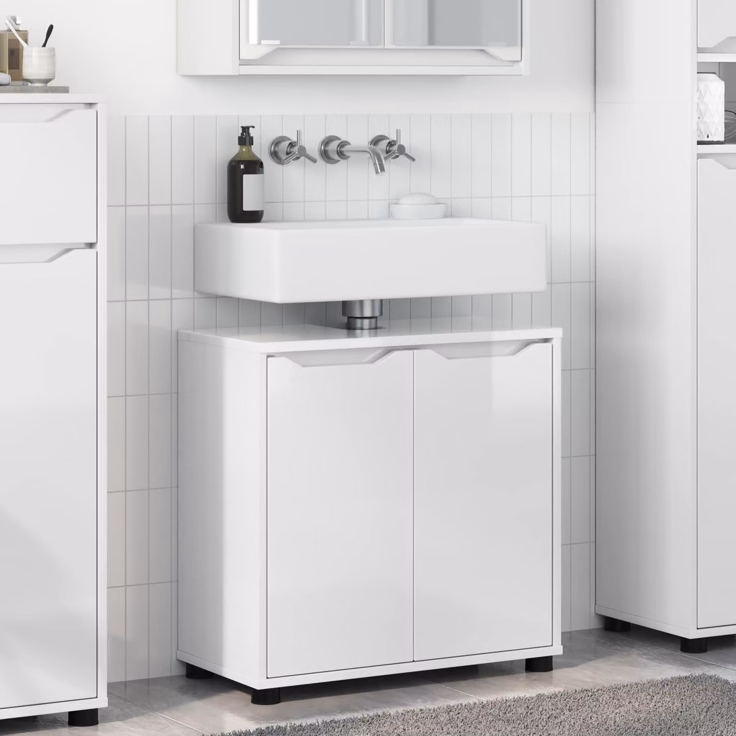 Mobile per lavabo da bagno vidaXL Bianco Lucido con ante a cerniera e ripiani interni L: 60 cm, P: 30 cm, H: 60 cm