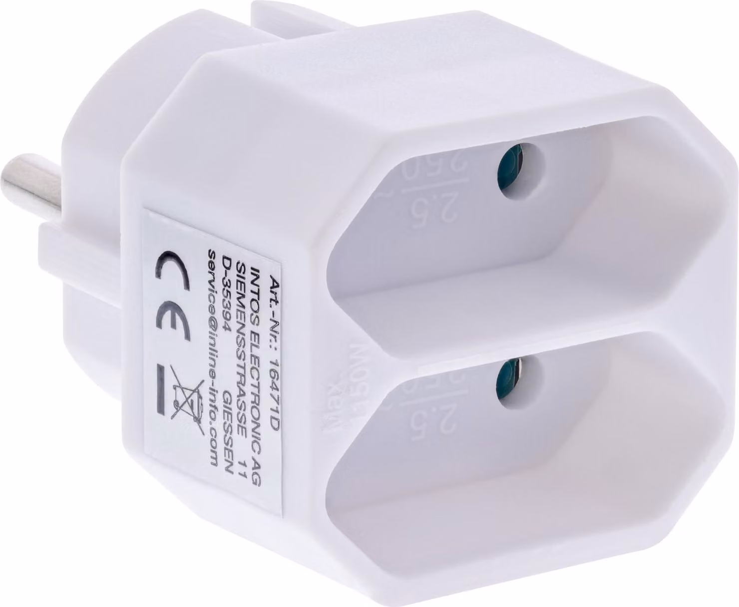 Adattatore per presa di corrente InLine®, spina con contatto di terra a 2x prese Euro, bianco