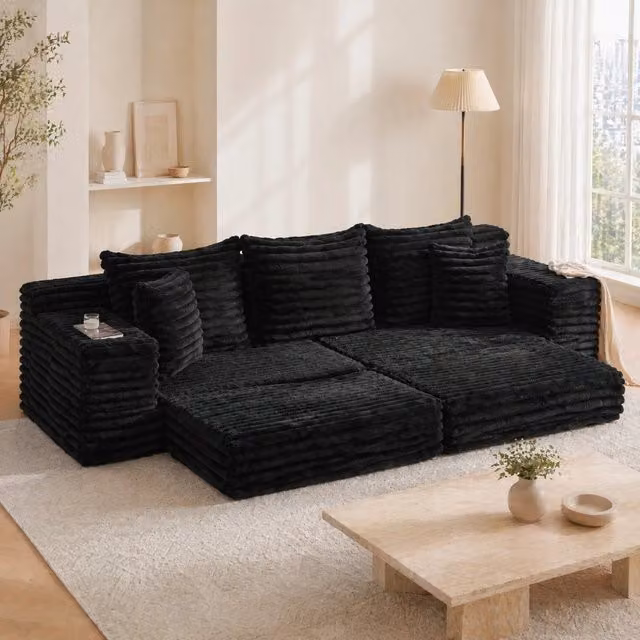 Divano letto modulare ULEVR 273 cm in velluto a coste nero, schienale alto, tasche laterali e portabevande