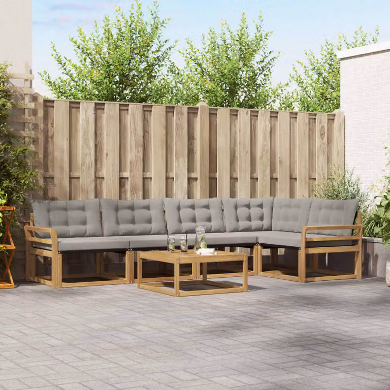 Set di divani da esterno vidaXL a forma di L composto da 6 pezzi con tavolino da caffè, in legno di acacia trattato e tessuto textilene, colori bianco, grigio e marrone