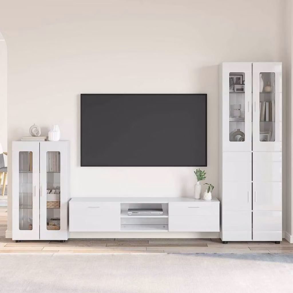 Set mobile TV moderno vidaXL FLORIN in 3 pezzi Bianco Lucido in legno e MDF L: 150 cm, P: 39 cm, H: 30 cm – 1
