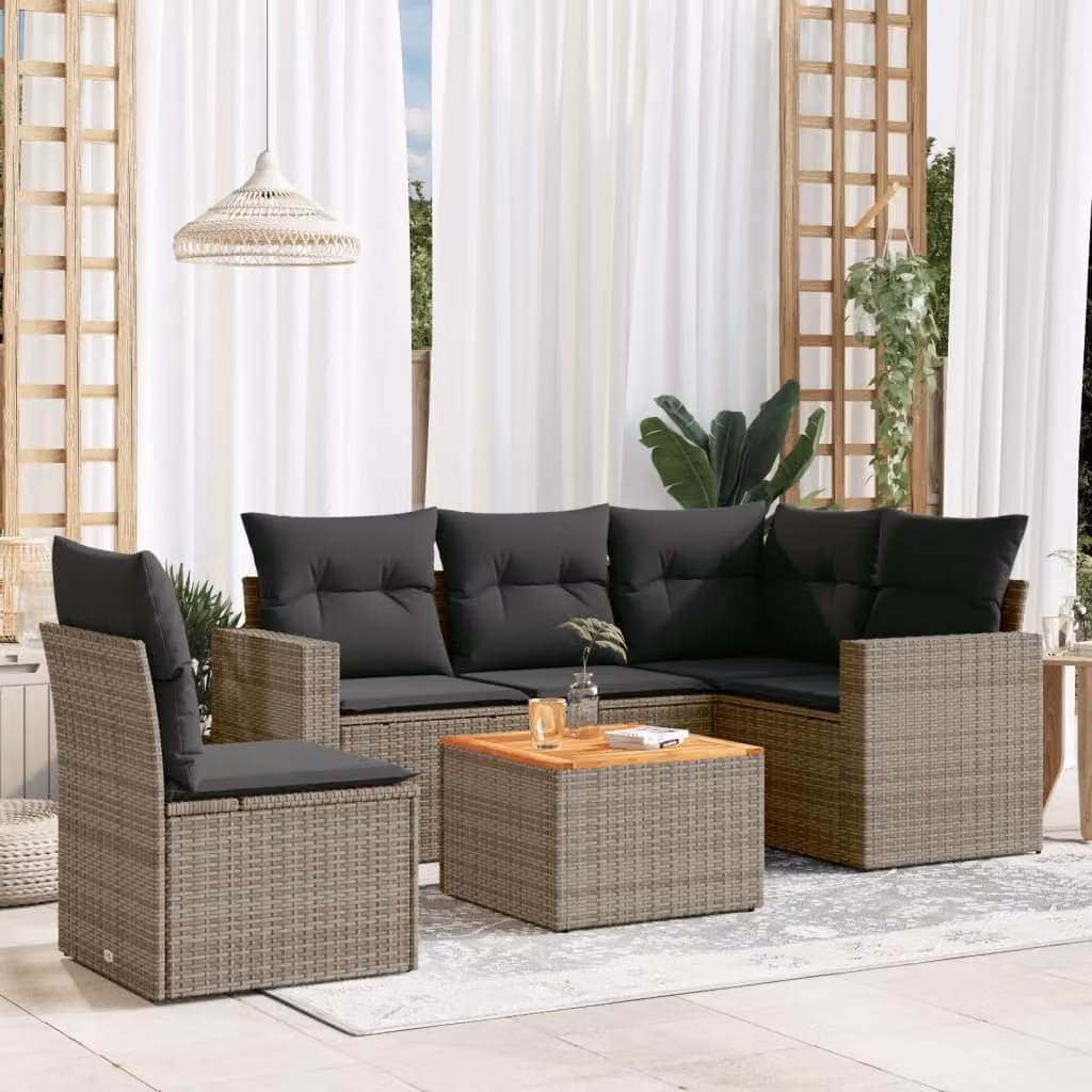 vidaXL Set Divano da Giardino a L in Polyrattan Grigio con 6 Cuscini Imbottiti e Tavolino – 1
