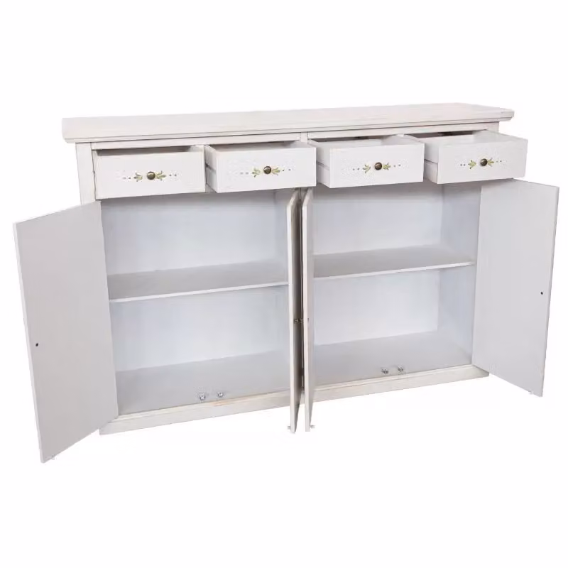 Madia credenza shabby chic in legno con 4 porte e decoro floreale bianco anticato e verde Mobili 2G L: 160 cm, P: 40 cm, H: 110 cm – 2