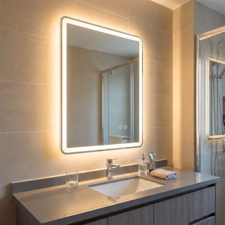 Specchio da bagno Costway con LED retroilluminato e funzione anti-appannamento, bianco, L: 70 cm, H: 50 cm
