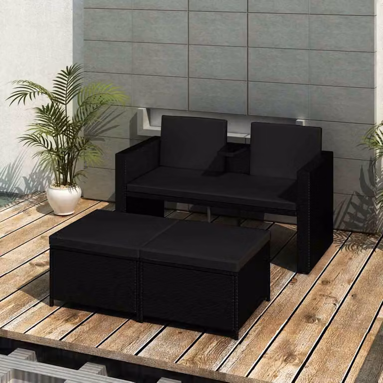 Set di divani da giardino vidaXL 3 pezzi con cuscini e pouf in rattan nero e struttura in acciaio con coperture rimovibili