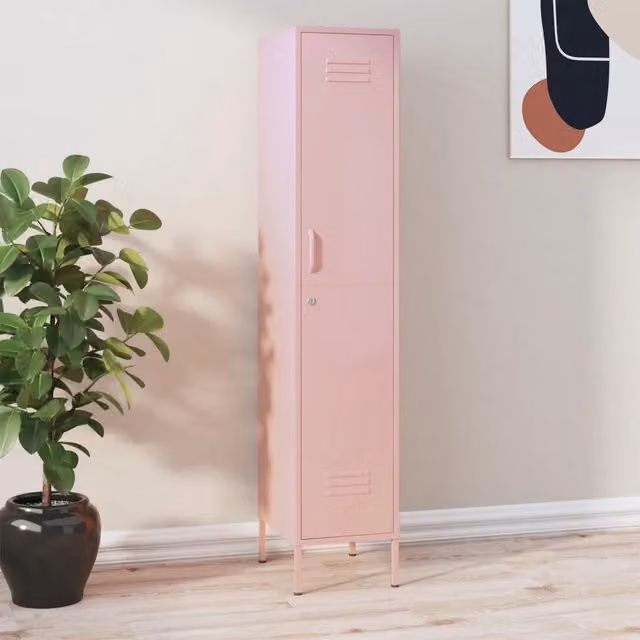 Armadio moderno in metallo MERCATOXL rosa con ante a battente, ripiani interni e serratura, L: 35 cm, P: 46 cm, H: 180 cm – 1