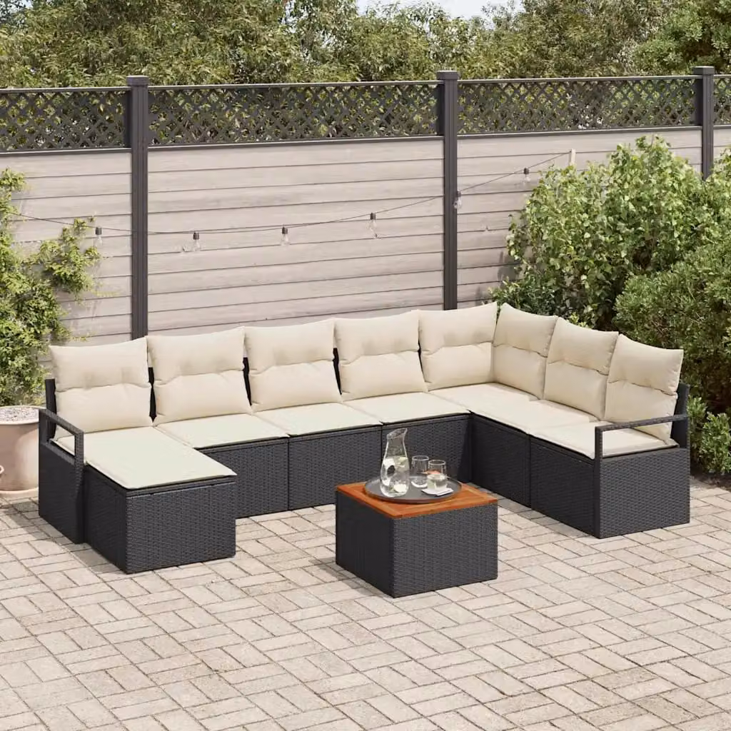 Set Divano da Giardino vidaXL 9 Pezzi Moderno a Forma di L in Polyrattan Nero con Cuscini e Tavolino – 1