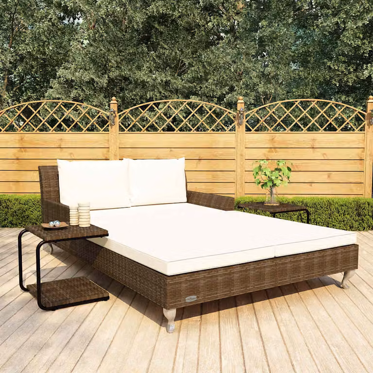 vidaXL Lettino Prendisole per 2 Persone in Polyrattan Marrone e Bianco con Cuscini Impermeabili e Vassoio Laterale