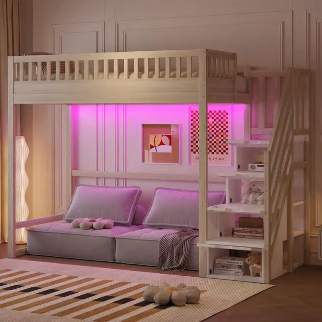 Letto a Soppalco 90x200 in Legno di Pino Massello con LED ¨C Xylo ¨C Naturale