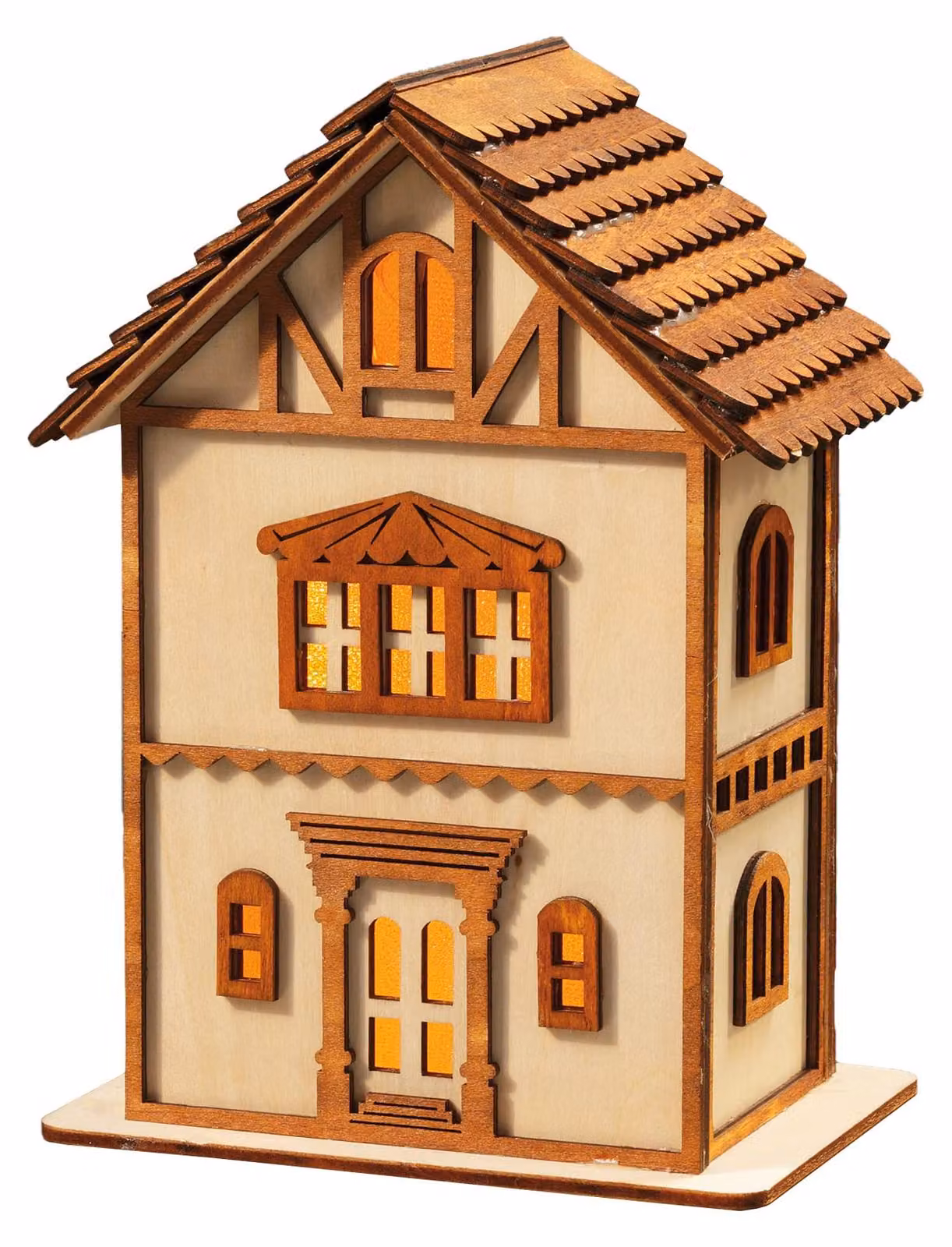 Casetta in legno con luci LED, tonalità bianco caldo, alimentata a batteria, dimensioni 15,5x9,7x17,5 cm