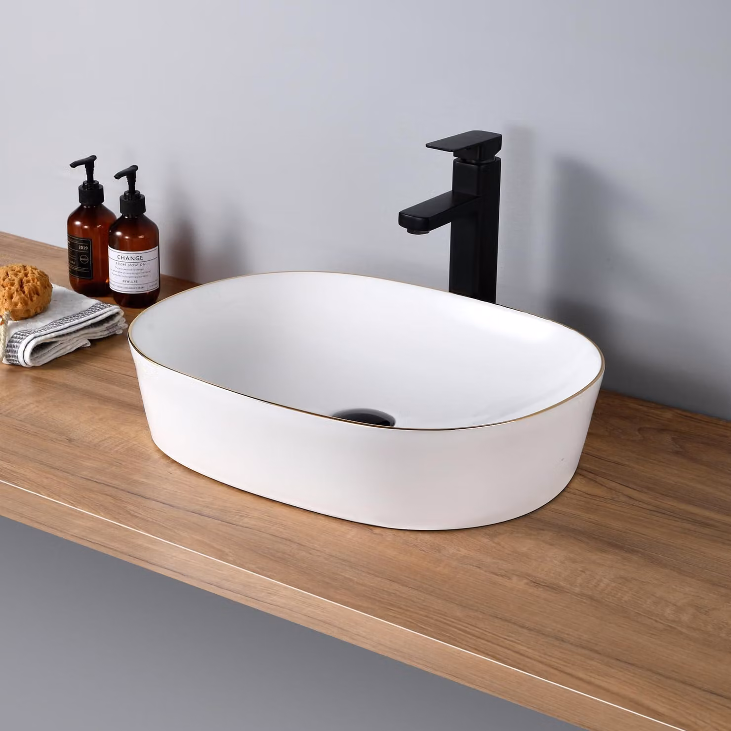 Lavabo da appoggio ovale, in Vetroceramica, bianco/oro, 50x38x12 cm