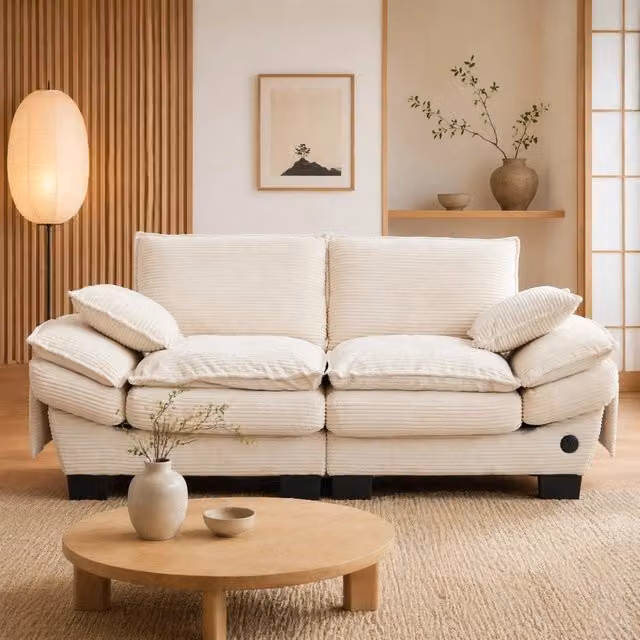 Divano a 2 posti Mivray in velluto beige con ricarica USB e design moderno L: 190 cm, P: 84 cm, H: 73 cm