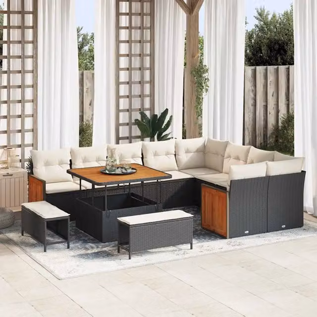 Set Divano da Giardino vidaXL a 11 Posti con Tavolino e Ottoman, Design Moderno a L, Colore Nero e Beige