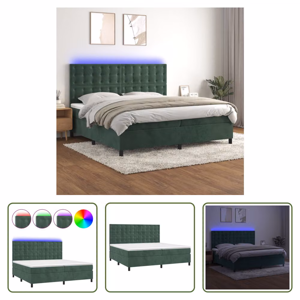 The Living Store Letto a molle con materasso e LED Verde scuro 200x200 cm in velluto