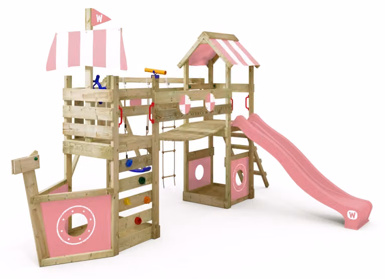 Giocattolo da giardino Wickey StormFlyer con altalena e sabbiera in rosa chiaro