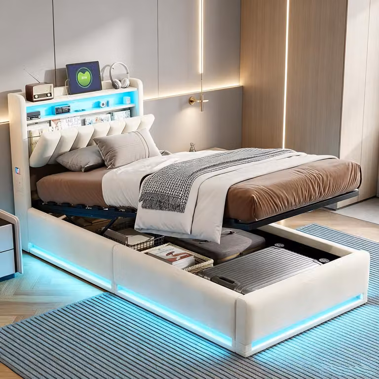 Letto con boxspring INONEFT, 90x200 cm, con LED e USB, imbottito con spazio contenitore, sistema di sollevamento idraulico, rivestito in velluto, colore beige.