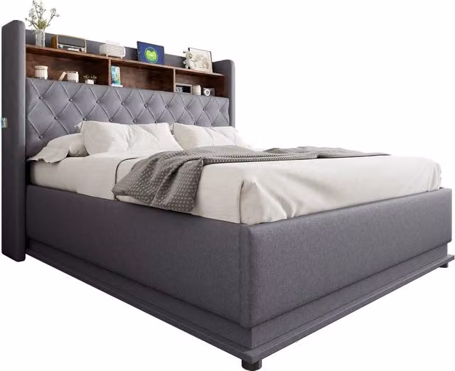 Letto matrimoniale imbottito grigio con contenitore idraulico, illuminazione LED, porta USB e mensola integrata, L/P: 160 x 200 cm – 1