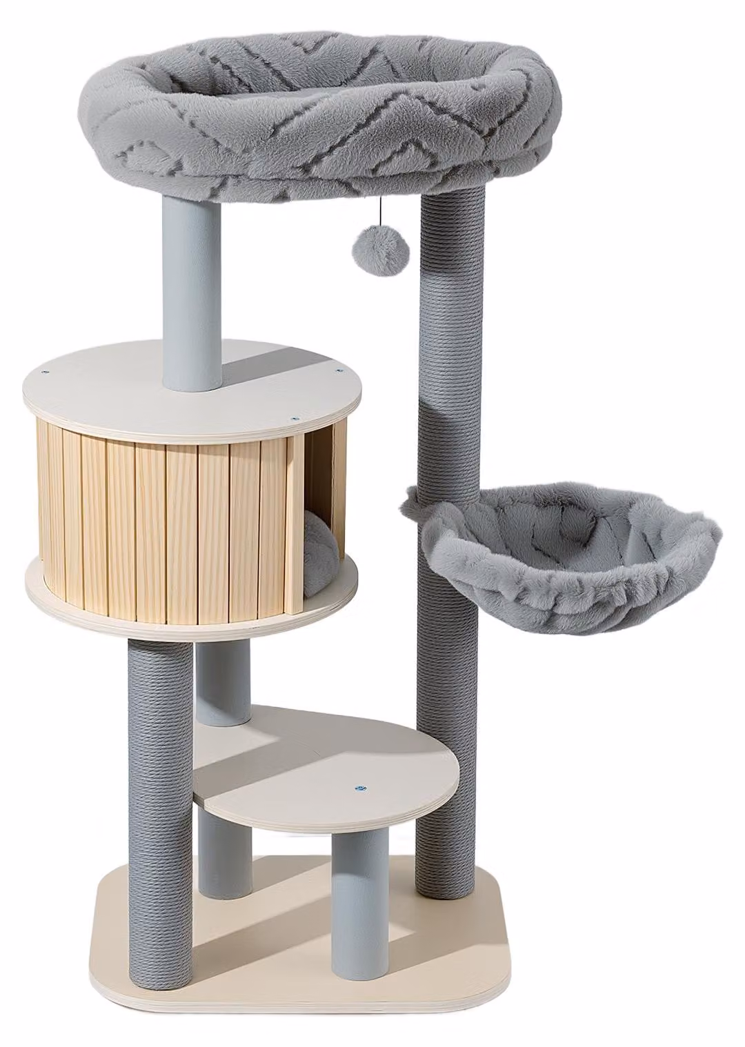 Fudajo Urban Studio, tiragraffi da interno di 122 cm, colore grigio, con casetta per gatti, amaca sospesa, cuccia e pali rivestiti in corda di carta per grattare