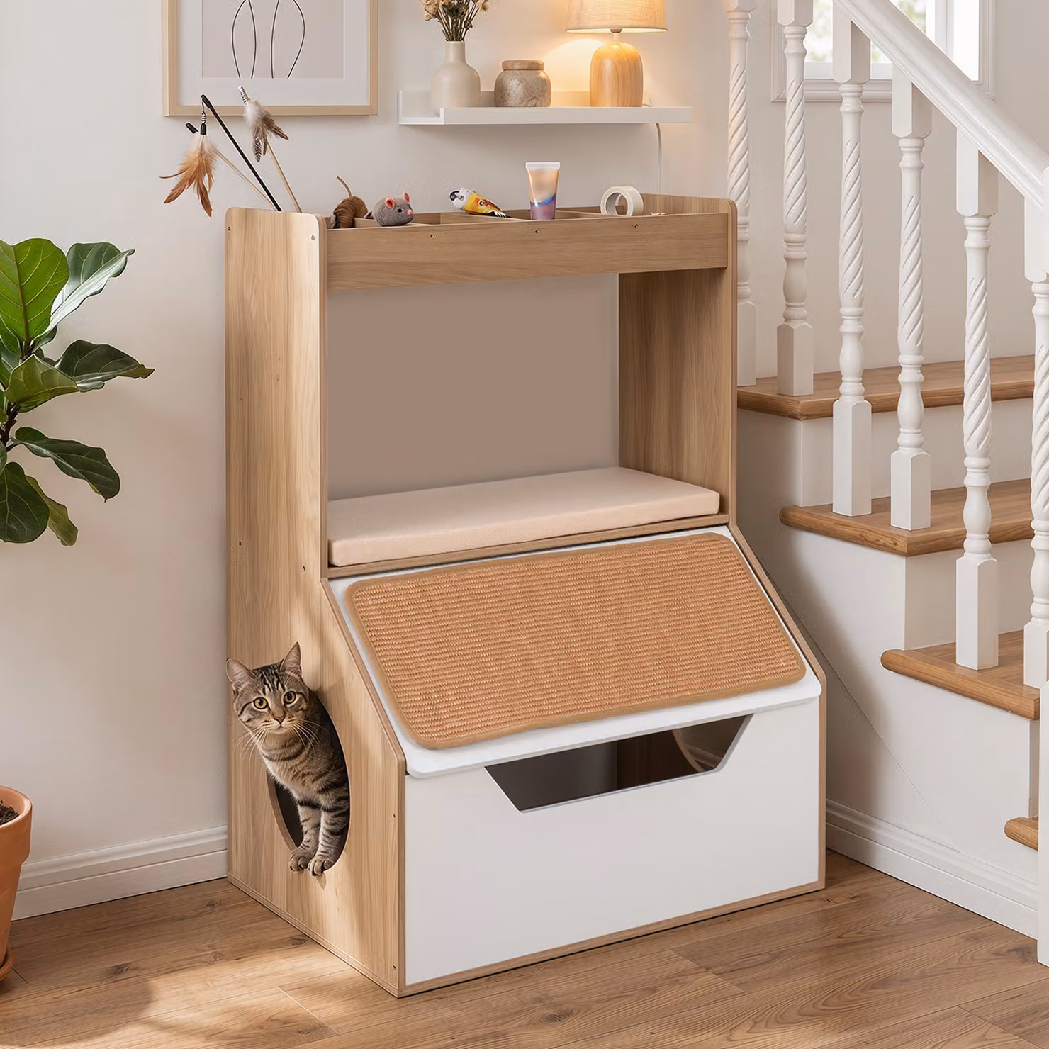 Costway Mobile lettiera per gatti multifunzionale beige con tappetino tiragraffi in sisal e scomparti aperti