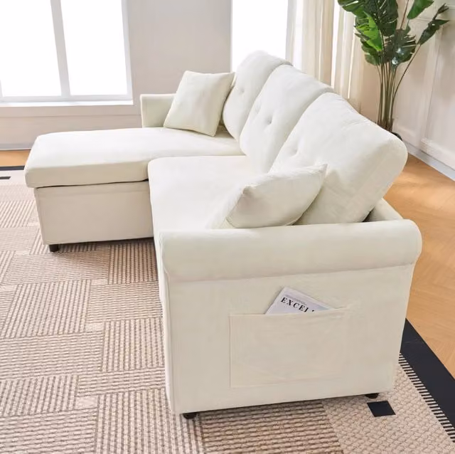 Divano angolare con letto e cassetto contenitore, schienale reversibile, tessuto in ciniglia beige, 206x130x85 cm