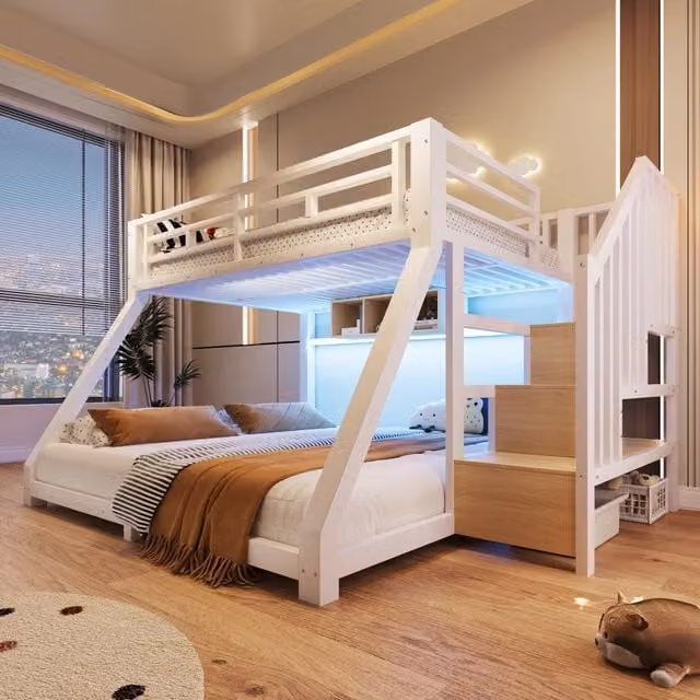 Letto a castello in metallo 90x200/140x200 cm con scala contenitore; 3 vani; LED e certificazione EN747; bianco