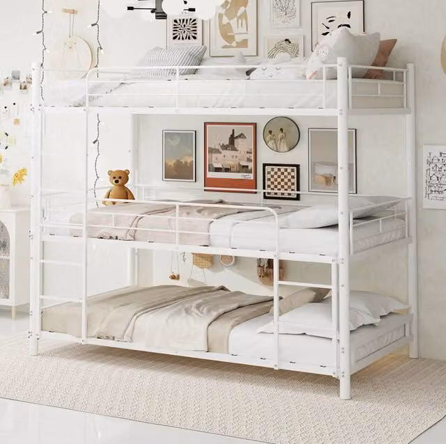 Letto a castello a tre posti 90x190 cm con due scale integrate in ferro bianco