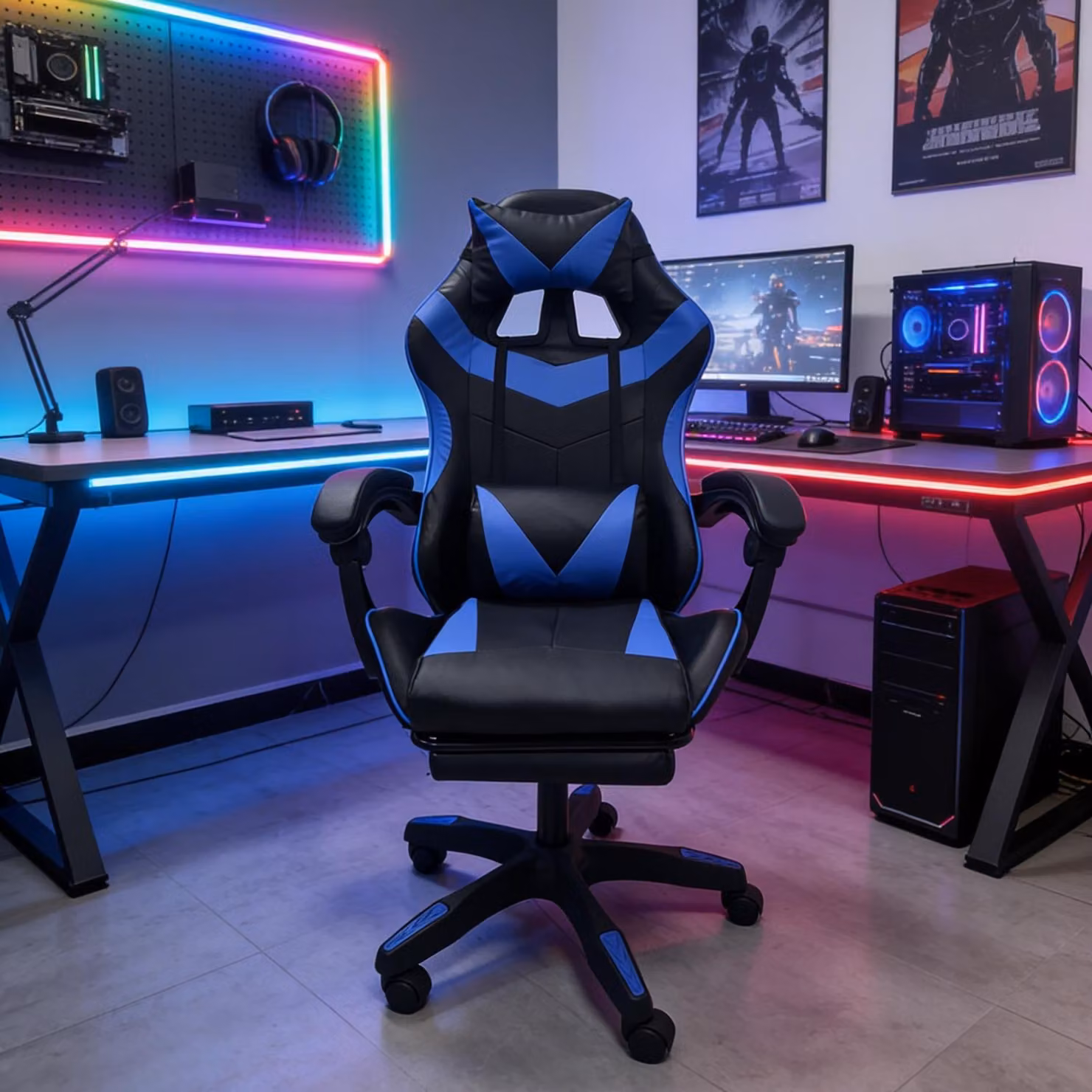 Sedia da gaming ergonomica con poggiapiedi, design racing, colore nero e blu