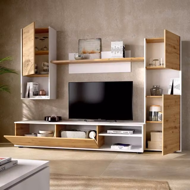Parete attrezzata DMORA Artex per soggiorno in Rovere e Bianco, L: 220 cm, H: 180 cm, P: 41 cm – 1