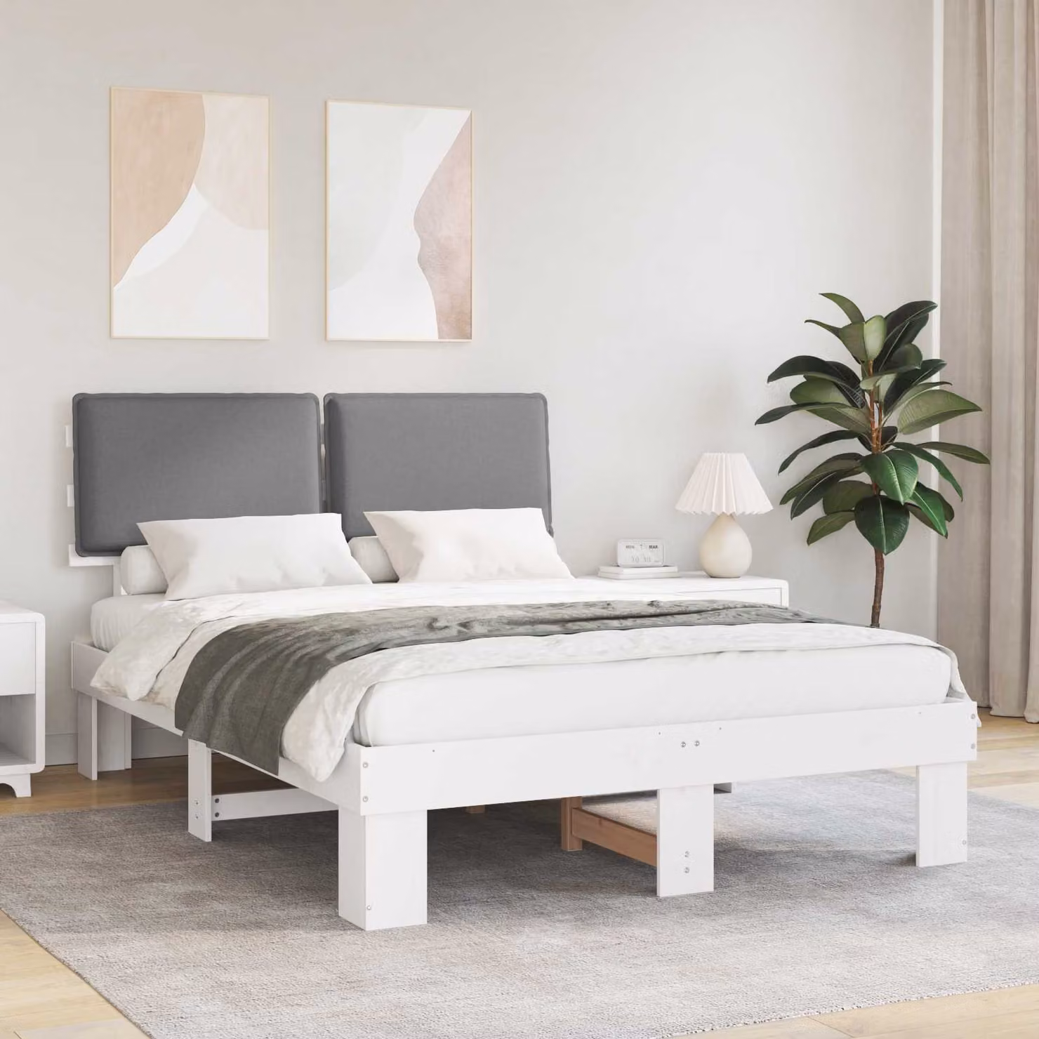 Letto con Testiera Rivestita vidaXL in Legno di Pino e Tessuto Grigio L/P/H: 140 x 200 cm – 1