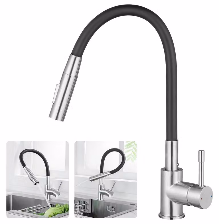 Miscelatore da cucina nero, flessibile, con 2 tipi di getto,  DVGW, in acciaio inossidabile