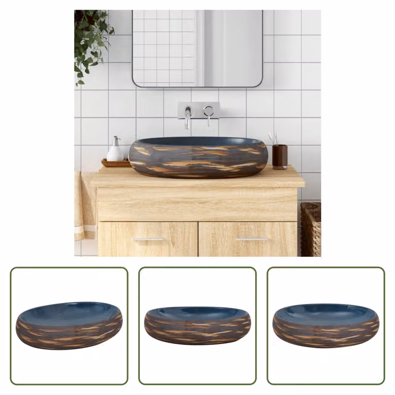The Living Store Lavabo da appoggio marrone e blu ovale 59x40x15 cm in Vetroceramica
