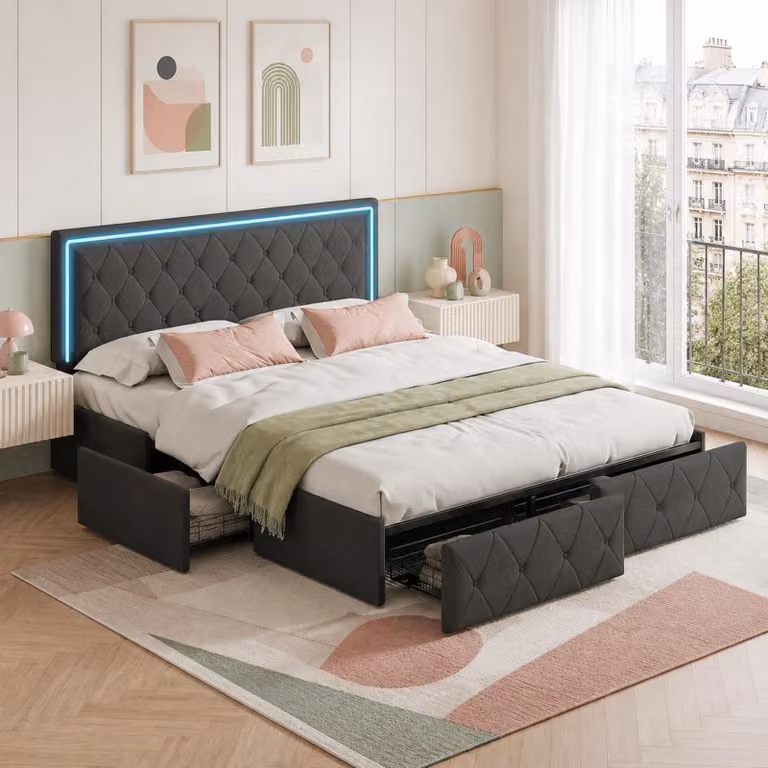 Letto imbottito matrimoniale INONEFT, 140x200 cm, con contenitore e 4 cassetti, struttura letto per ragazzi con rete a doghe, poggiatesta regolabile con LED, rivestito in PU, colore grigio