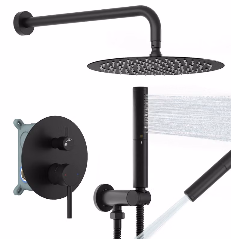 Sistema doccia BESy con soffione rotondo da 25,4 cm e doccetta manuale da parete, modello alto