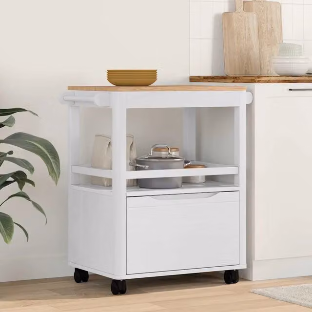 Carrello da cucina moderno vidaXL in legno di pino bianco con ruote L 72,5 cm x P 45 cm x H 80 cm