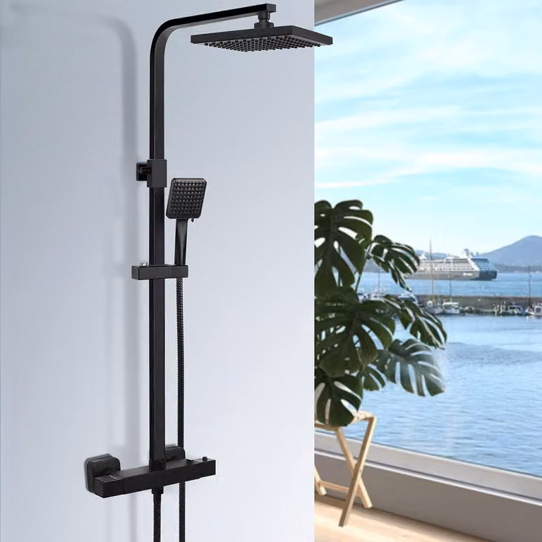 Set termostatico per rubinetto doccia con soffione a pioggia, protezione antiscottatura, finitura nero opaco, forma quadrata
