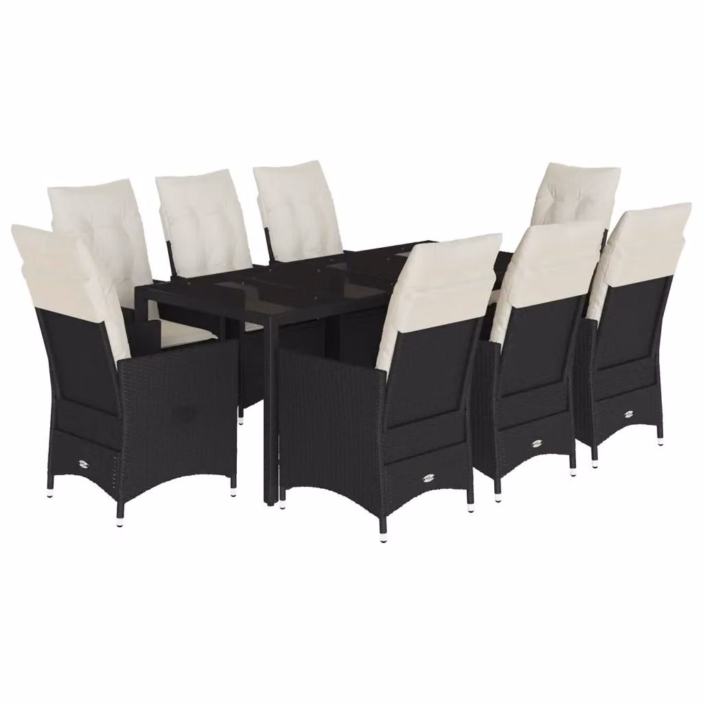 Set da pranzo da giardino vidaXL in polyrattan nero con cuscini e tavolo in vetro, 9 pezzi – 2