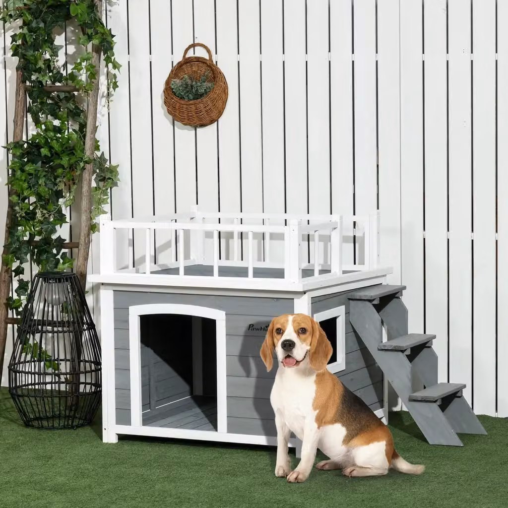 Cuccia per cani GIORDANOSHOP in legno di abete grigio e bianco con pavimento rialzato e protezione contro le intemperie L/P/H: 121 x 77 x 78 cm – 2