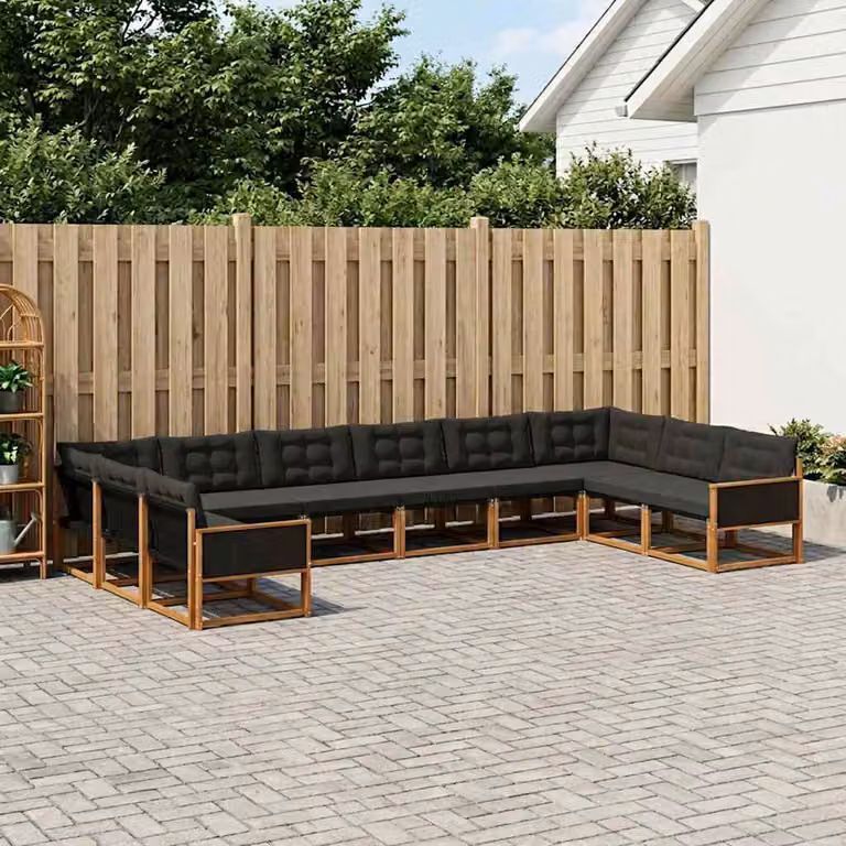 Set di divani da esterno vidaXL a forma di U composto da 10 pezzi in legno di acacia con cuscini rimovibili, colore marrone e nero