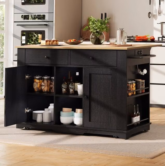 Isola da cucina 151;5x59;7x91;7 cm con prese elettriche; MDF e metallo; nero e naturale