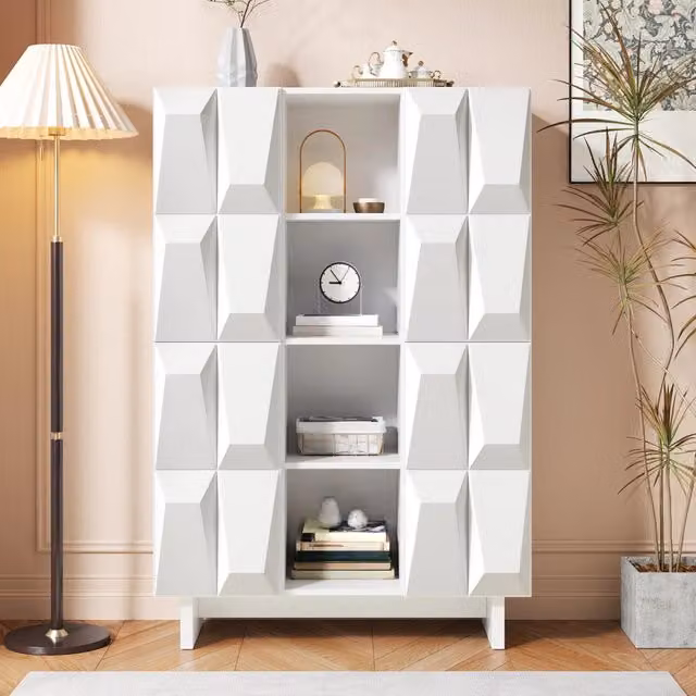 Vetrina scarpiera con 4 ante a rilievo, 12 vani e 4 ripiani aperti, in truciolare bianco, 90.5 × 34 × 135.5 cm