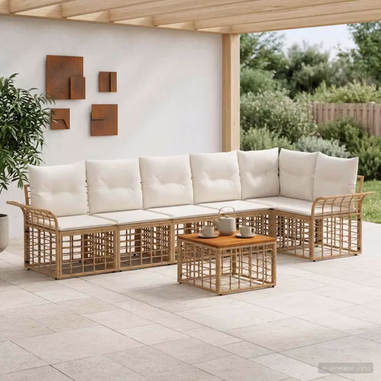 Maison Exclusive - Set da esterno per divano, 7 pezzi, 6 posti, color naturale e crema